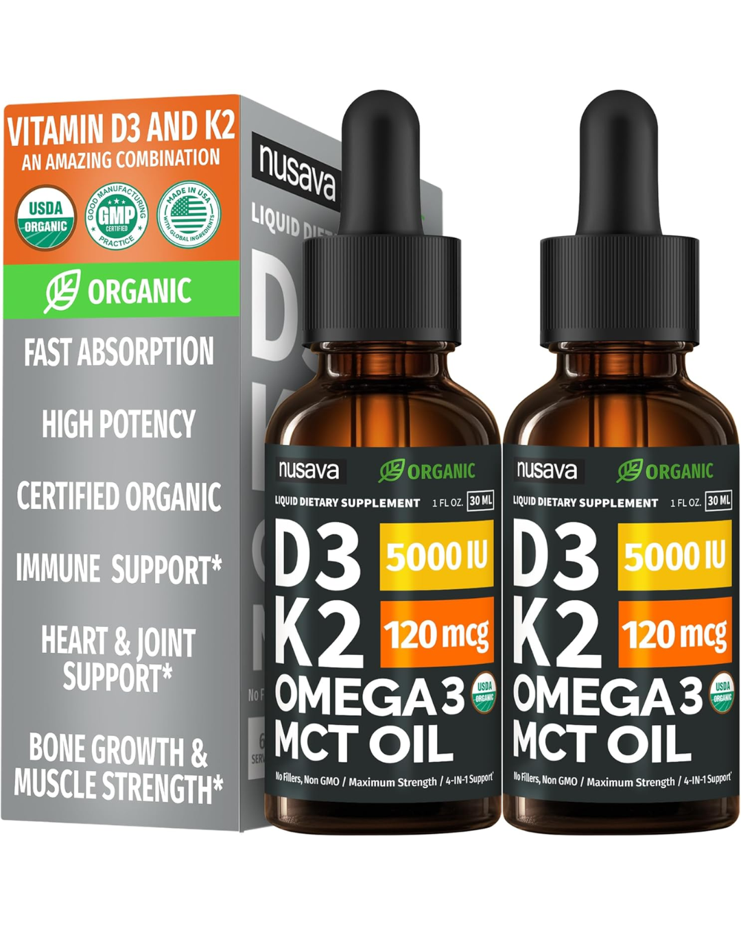 Gotas de vitamina D3 K2 con aceite MCT y Omega 3