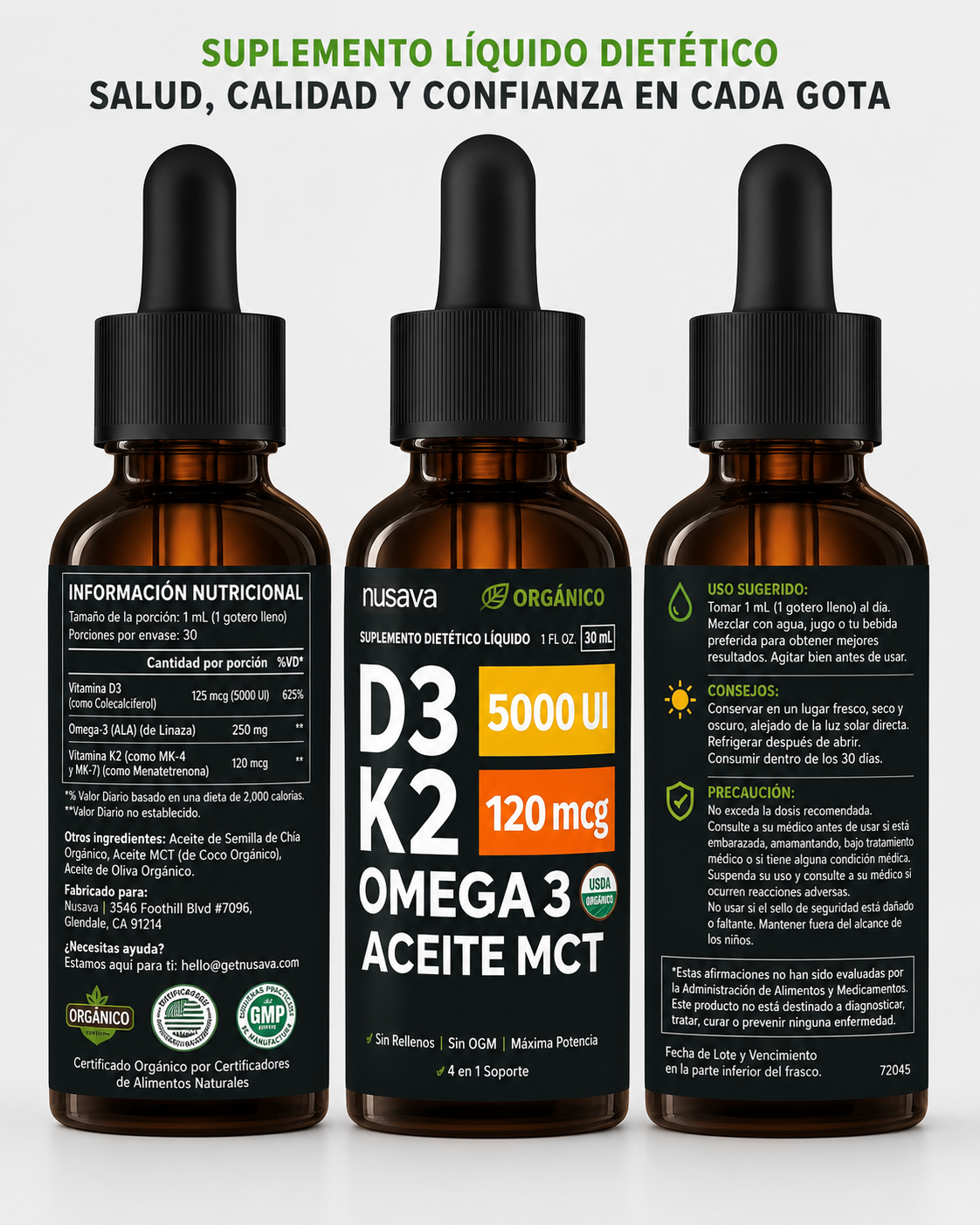 Gotas de vitamina D3 K2 con aceite MCT y Omega 3