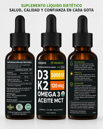 Gotas de vitamina D3 K2 con aceite MCT y Omega 3